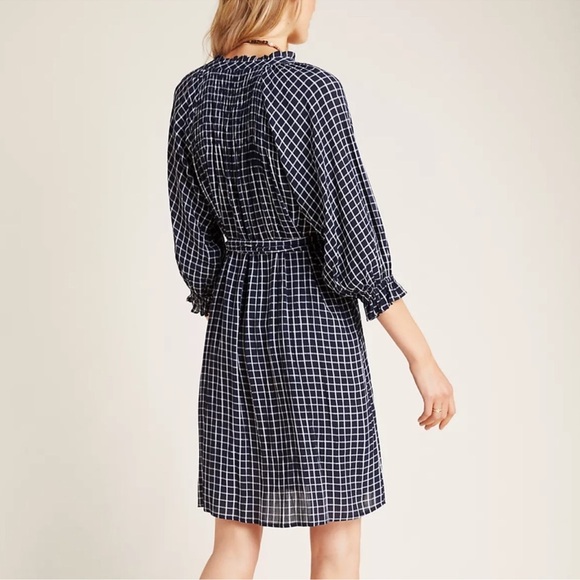 Anthropologie Sara Smocked Shirtdress Navy and White Grid Long Sleeve Dress - Picture 2 of 12